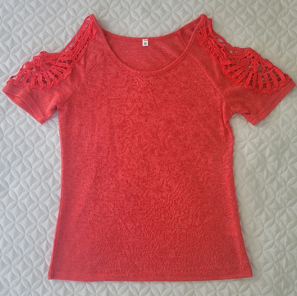 Lace Shouldered Top in an Orangey Red - Picture 1 of 7
